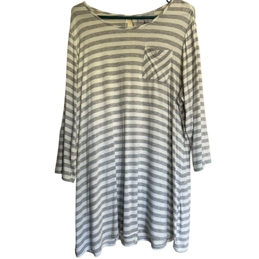 Molly + Isadora Gray White Striped Tunic Top 3/4 Sleeve‎ Plus Size 1X Pocket